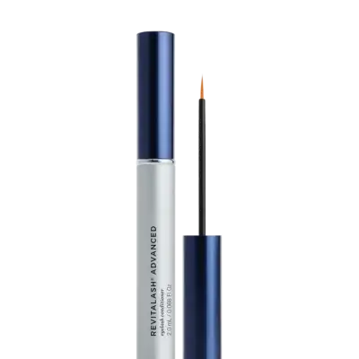 Revitalash Advanced eyelash conditioner bottle with blue cap and white body, applicator wand shown next to it.