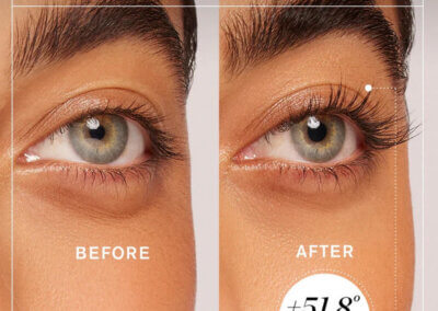 Split image showing a woman's eye: left panel 'Before' with natural lashes, right panel 'After' with lifted, curled lashes and slightly lifted upper lid; +51.8° natural curl shown in circle.