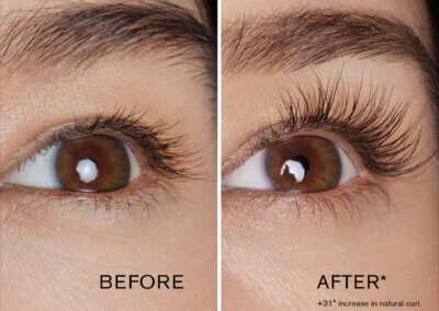 Close-up of a brown eye with shorter lashes on the left labeled BEFORE and longer, curled lashes on the right labeled AFTER* from a lash growth product trial filled with text on the right panel.