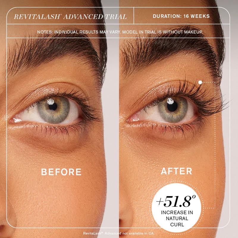 Split image showing a woman's eye: left panel 'Before' with natural lashes, right panel 'After' with lifted, curled lashes and slightly lifted upper lid; +51.8° natural curl shown in circle.