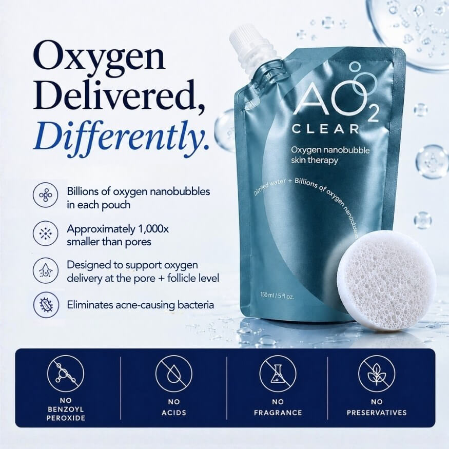AO2 Clear Oxygen nanobubble skin therapy package with bullet list of benefits and 4 no-label icons at bottom (no benzoyl peroxide, no acids, no fragrance, no preservatives).