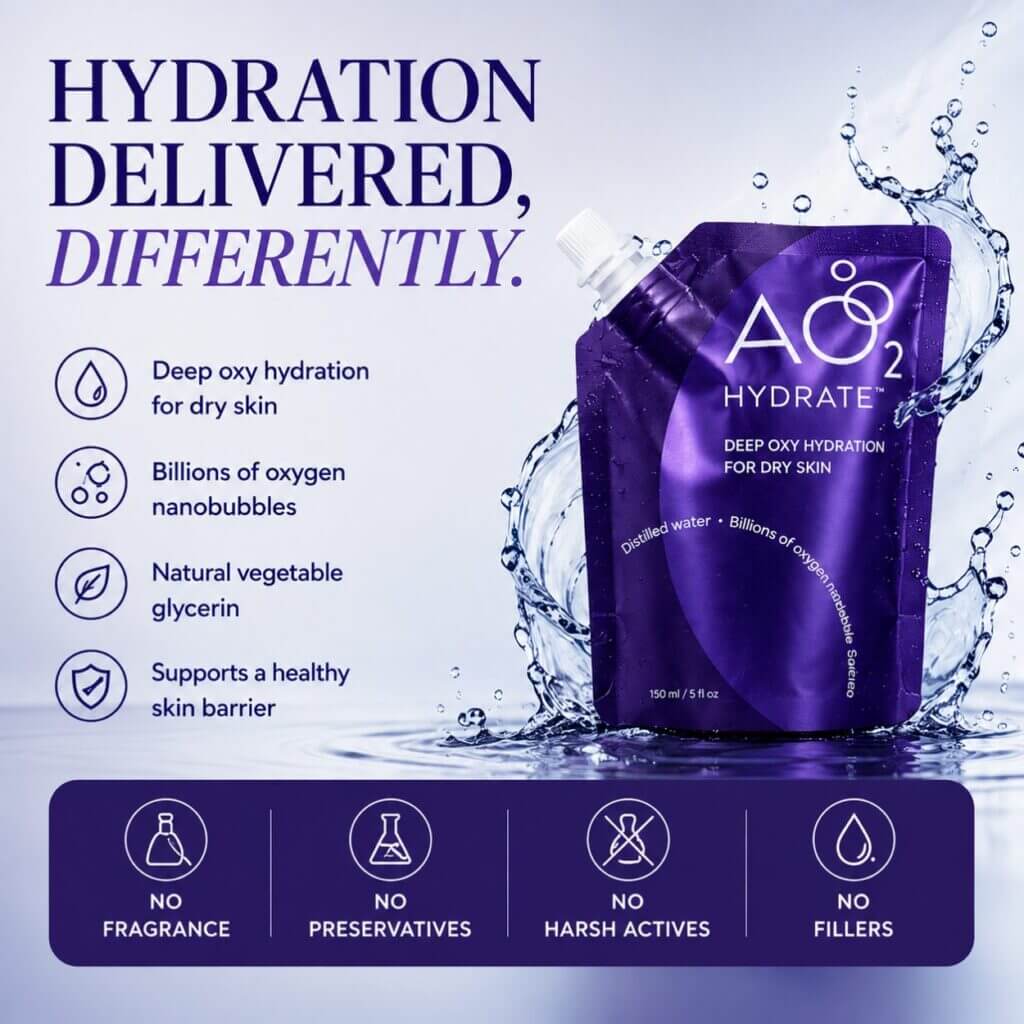 AO2 Hydrate Purple AO2 Hydrate pouch on splashy background; slogan 'Hydration Delivered, Differently' and bulleted list of benefits for dry skin including humectants and oxygen nanobubbles.