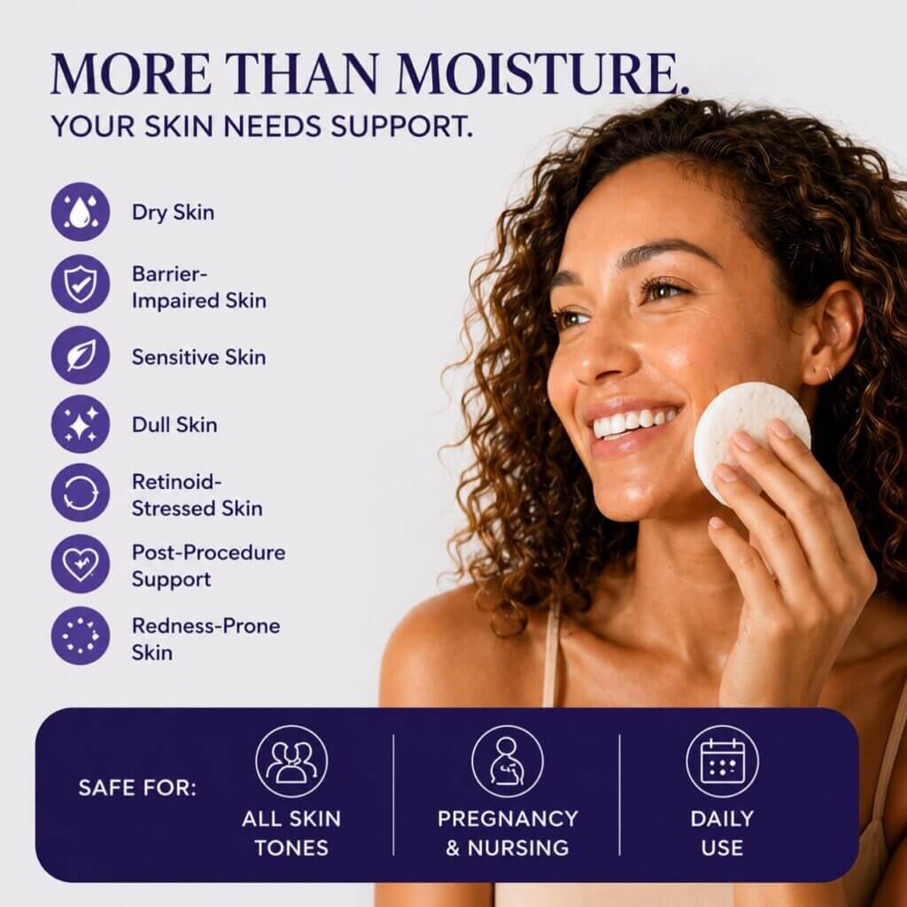 Skincare promo: smiling woman applies a cotton pad; left side lists skin concerns (dry, barrier-impaired, sensitive, dull, retinoid-stressed, post-procedure, redness-prone) and a bottom banner about safe use for all skin tones, pregnancy, and daily use.