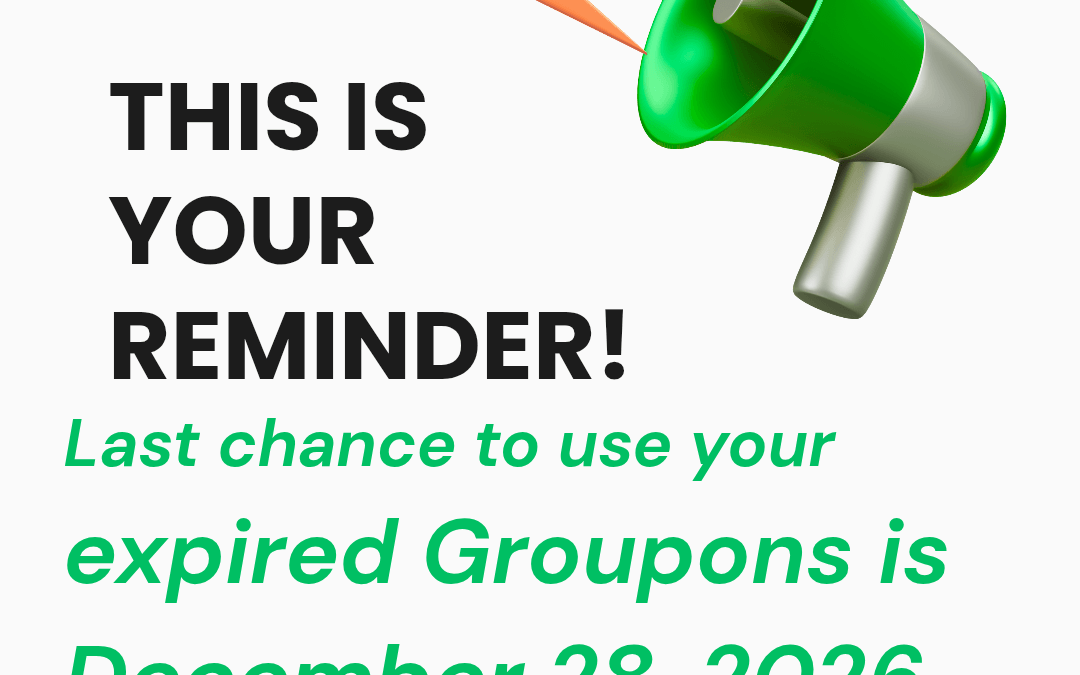 Promotional poster for Washington County School of Esthetics reminding to use expired Groupon by December 28, 2026; features a green megaphone graphic and a 'Grab Your Spot' button.