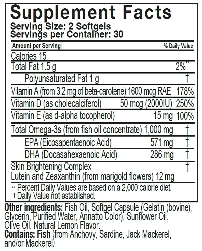 Supplement Facts panel: serving size 2 softgels, 30 servings per container; 15 calories; total fat 1.5 g; polyunsaturated fat 1 g; vitamins A 1600 mcg RAE, D 50 mcg, E 15 mg; total omega-3s from fish oil 1000 mg (EPA 571 mg, DHA 286 mg); lutein/zeaxanthin 12 mg; contains fish; includes other ingredients list.