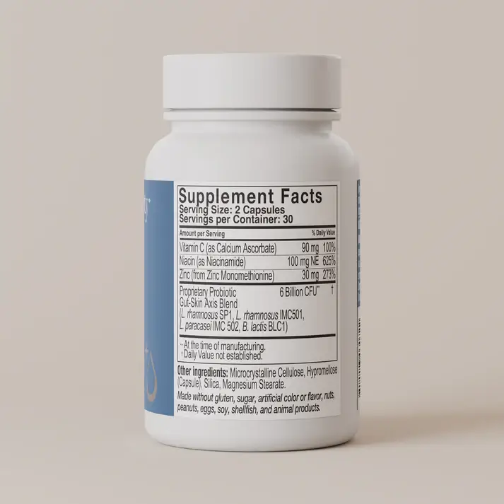 White supplement bottle with a label showing 'Supplement Facts' and a list of ingredients/serving sizes visible on the panel.